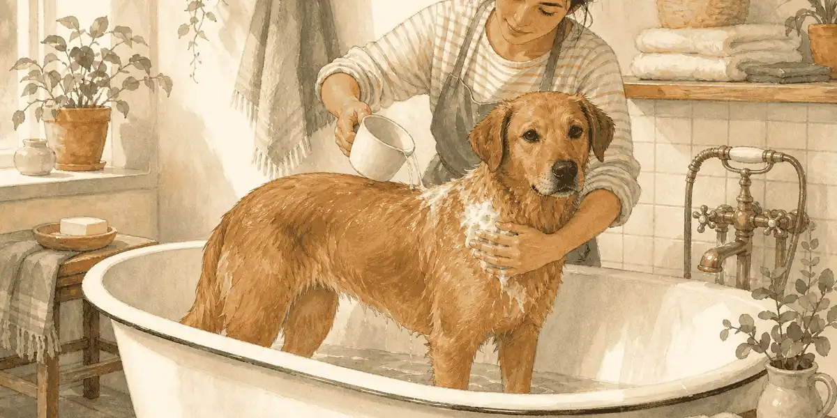 Golden-brown dog standing calmly in a bathtub while a caregiver rinses its back.
