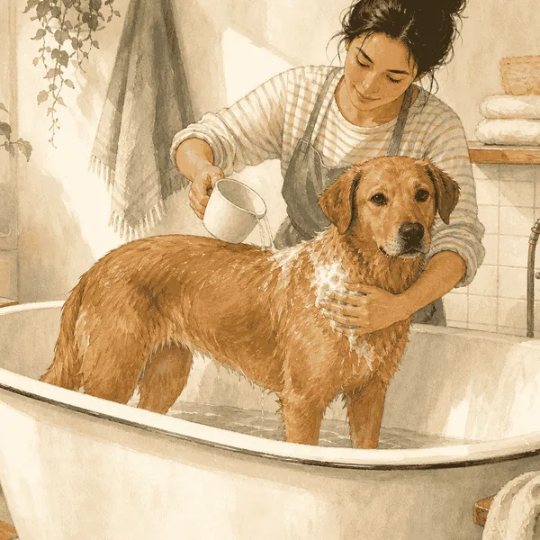 Golden-brown dog standing calmly in a bathtub while a caregiver rinses its back.