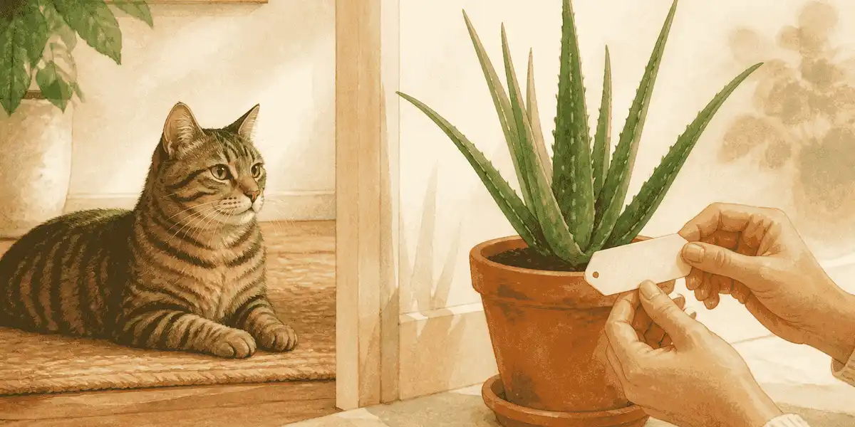 A tabby cat watches a caregiver check the label on a potted aloe plant in a warm, uncluttered room.