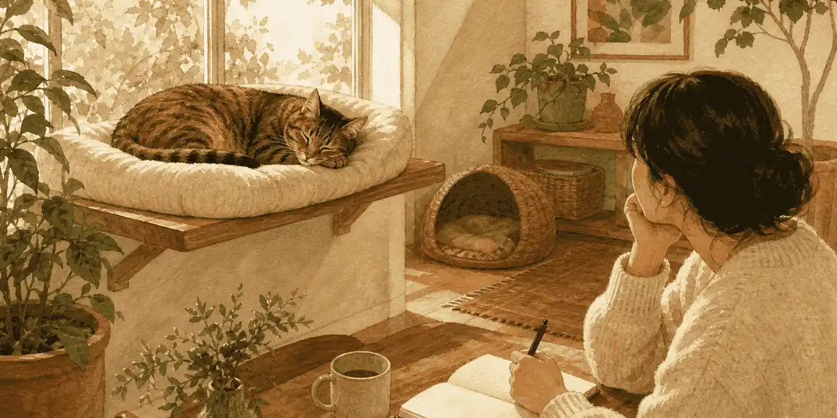 An adult tabby cat sleeps in an elevated window nook while a caregiver quietly makes notes at a nearby table.