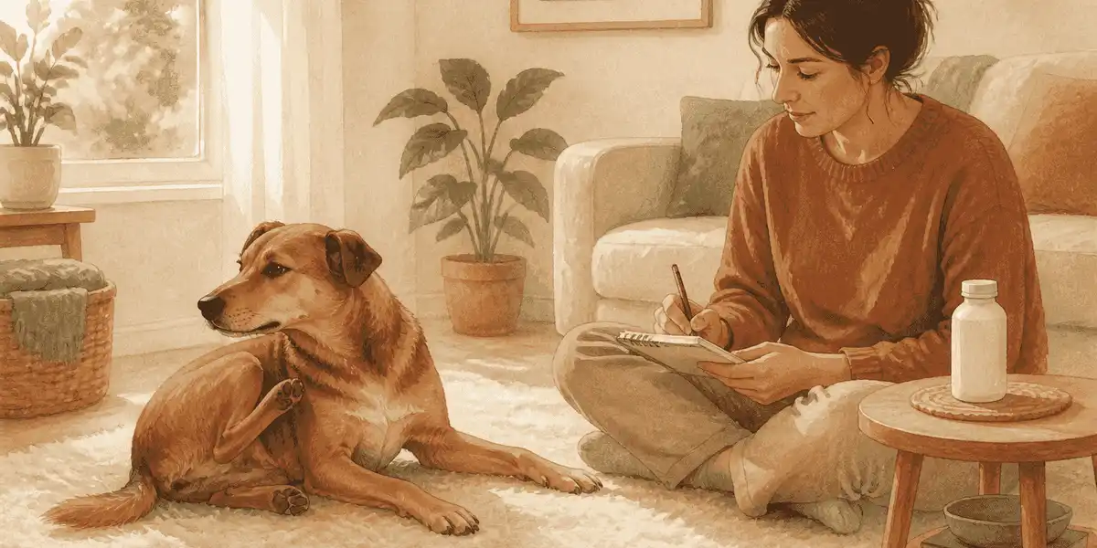 A calm brown dog rests on a cream rug while a caregiver makes an observation note beside an unopened plain bottle.