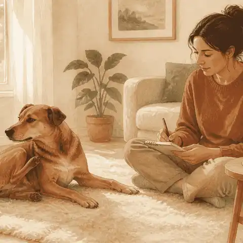 A calm brown dog rests on a cream rug while a caregiver makes an observation note beside an unopened plain bottle.