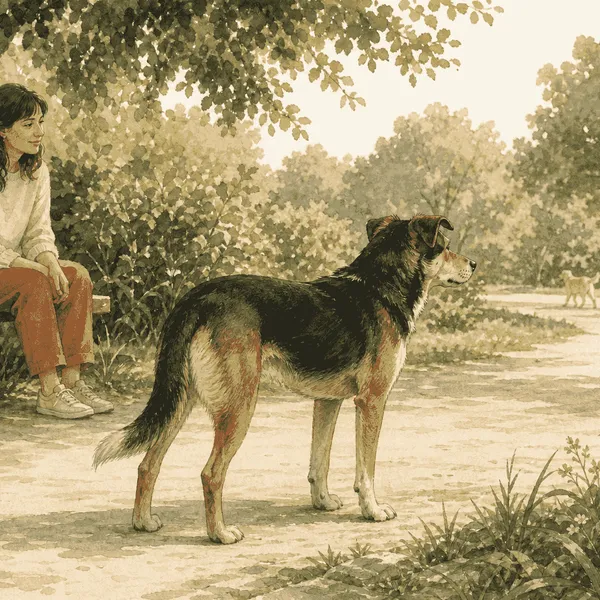 A mixed-breed dog pauses beside a seated caregiver in a quiet park while another dog walks past at a distance.