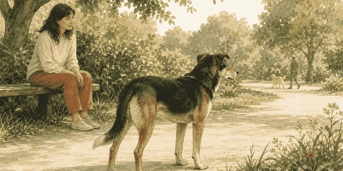 A mixed-breed dog pauses beside a seated caregiver in a quiet park while another dog walks past at a distance.