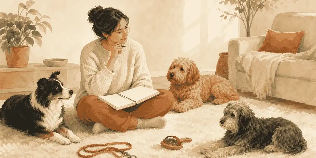 A caregiver sits on a rug beside three calm dogs of varied sizes and coats while comparing a weekly care plan.