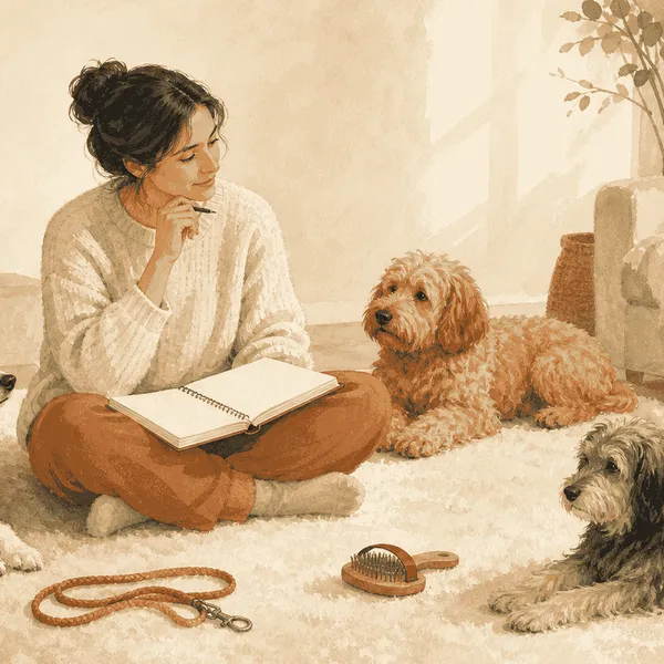 A caregiver sits on a rug beside three calm dogs of varied sizes and coats while comparing a weekly care plan.