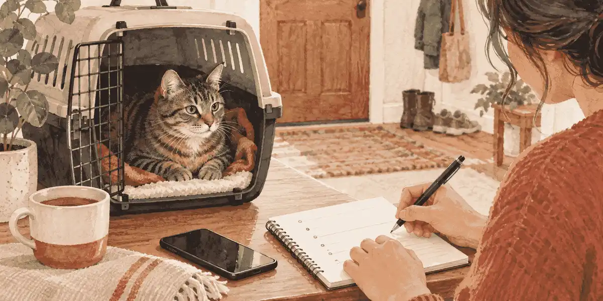 A tabby cat rests in an open carrier while a caregiver records vomiting and stool observations on a simple timeline.