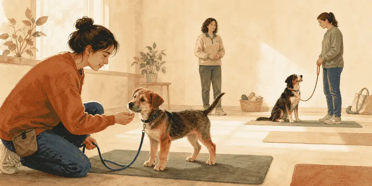 Young mixed-breed puppy practicing calm attention with a caregiver in a spacious small-group training class.