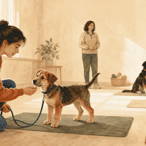 Young mixed-breed puppy practicing calm attention with a caregiver in a spacious small-group training class.