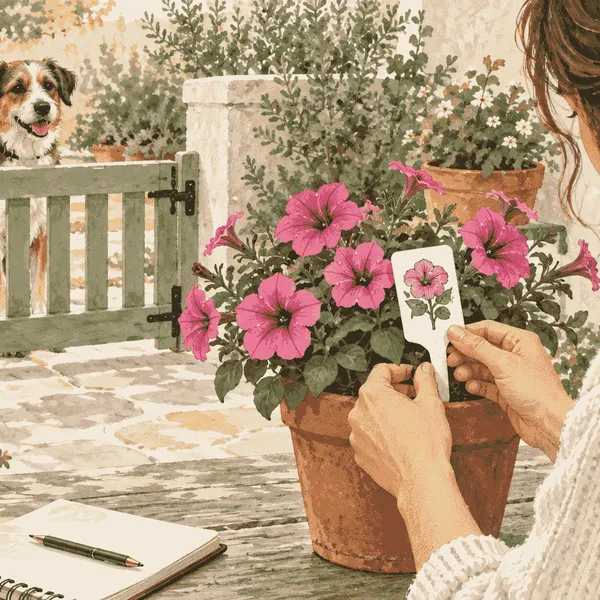 A caregiver checks a petunia plant label while a dog waits behind a low garden gate.