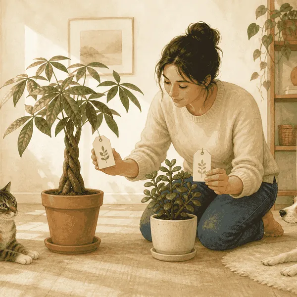 A caregiver compares a Pachira aquatica label with a jade-plant label while a cat and dog rest nearby.