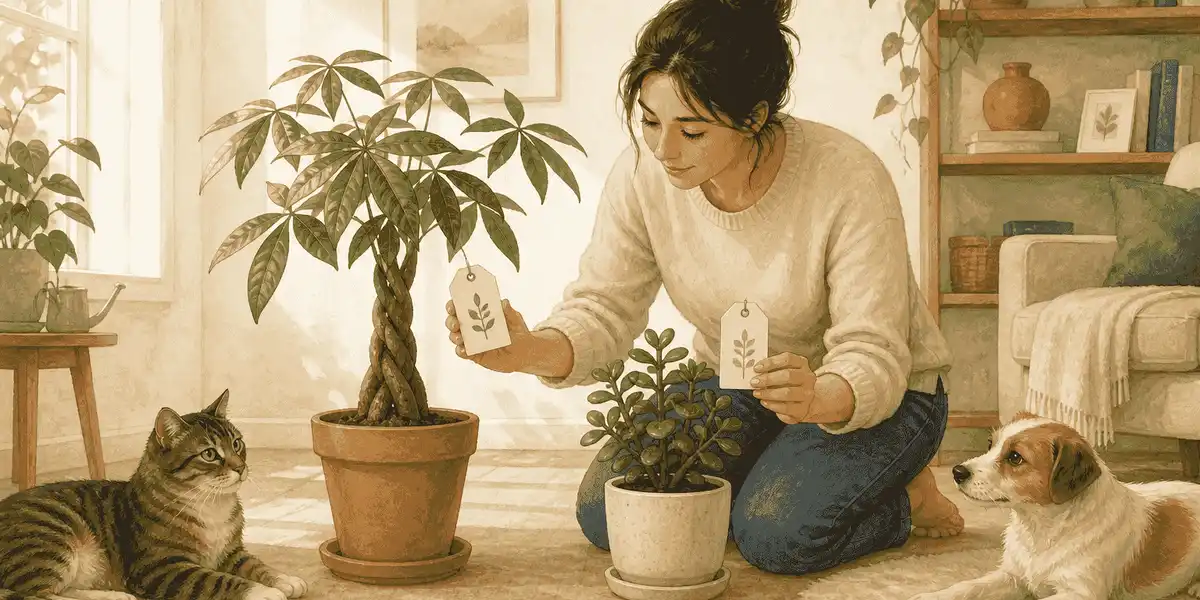 A caregiver compares a Pachira aquatica label with a jade-plant label while a cat and dog rest nearby.