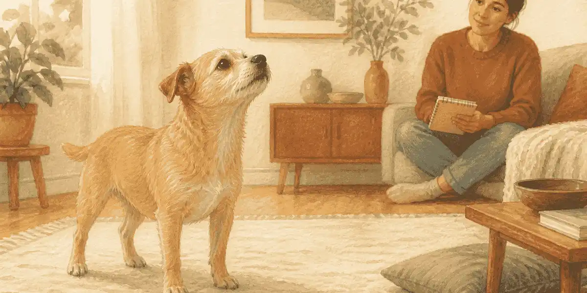 A small tan dog pauses on a warm paper-colored rug while a caregiver observes from a respectful distance.