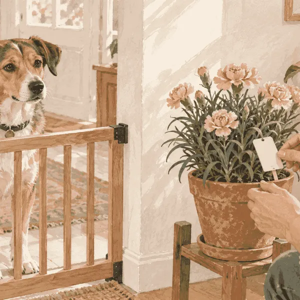 A caregiver checks a carnation plant label while a calm dog waits behind a low indoor gate.