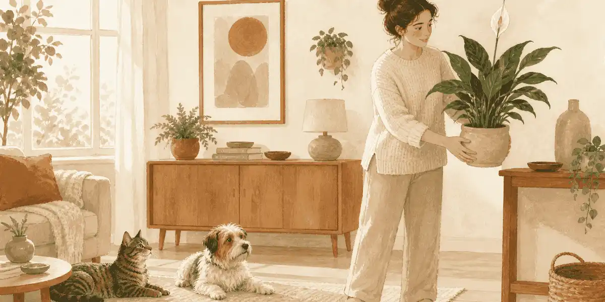 A caregiver holds a potted peace lily in a sunny living room while a tabby cat and small dog rest nearby.