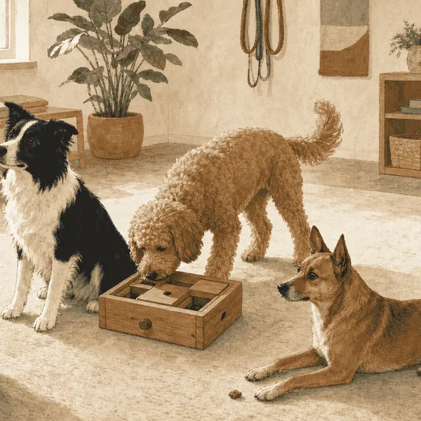 Four different dogs calmly engaging with a hand gesture, a wooden puzzle, a treat, and a new object.