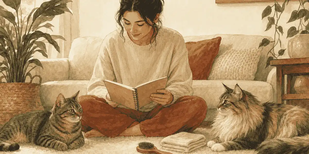 A short-haired cat and a long-haired cat rest beside a seated person comparing coat-care notes.
