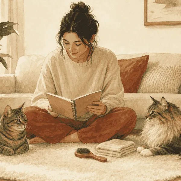 A short-haired cat and a long-haired cat rest beside a seated person comparing coat-care notes.