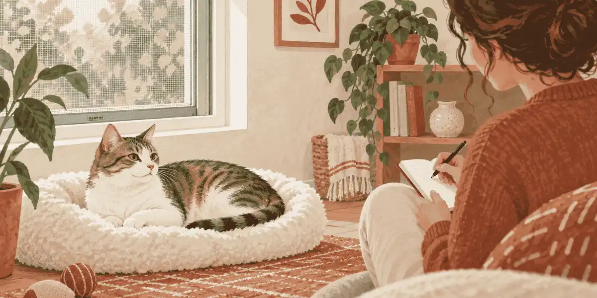 An intact female cat rests inside by a closed window while a caregiver records a calm observation in a notebook.