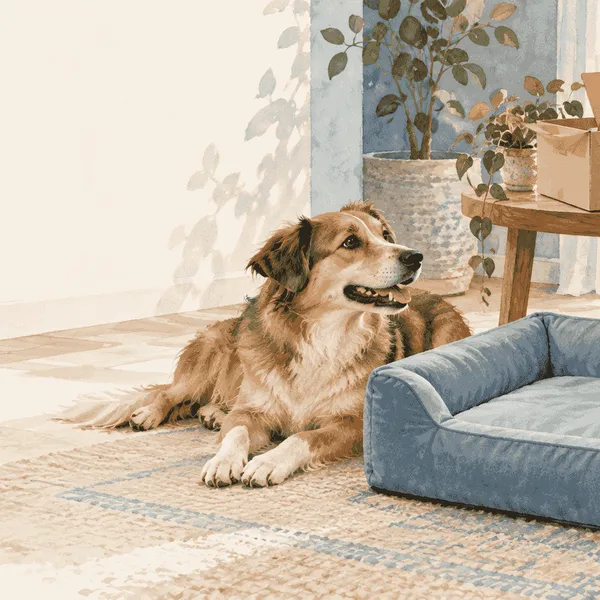 A calm dog rests beside a cooling bed while a caregiver keeps its label and packaging together on a nearby table.