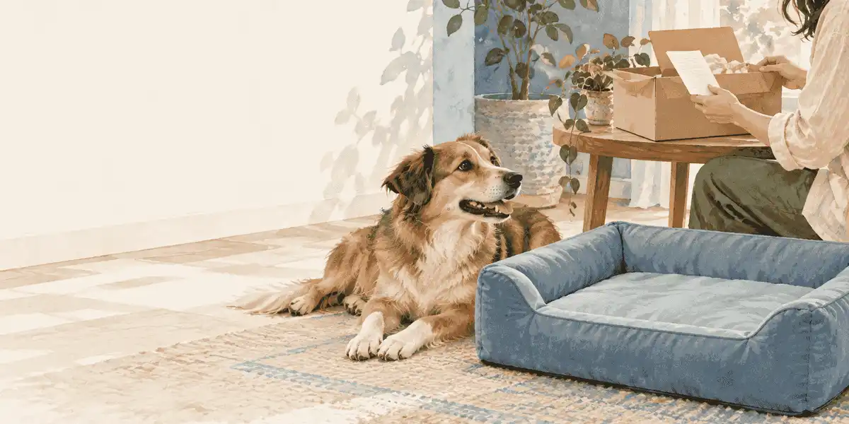 A calm dog rests beside a cooling bed while a caregiver keeps its label and packaging together on a nearby table.