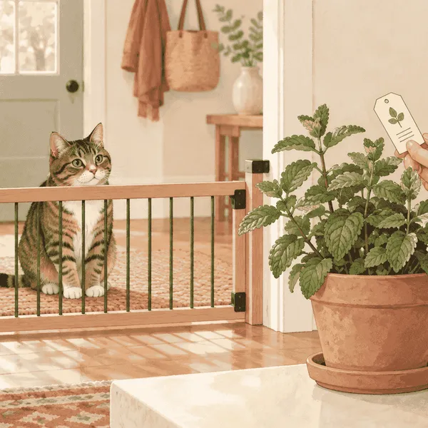 A tabby cat watches from behind a low gate while a caregiver checks a mint plant label.