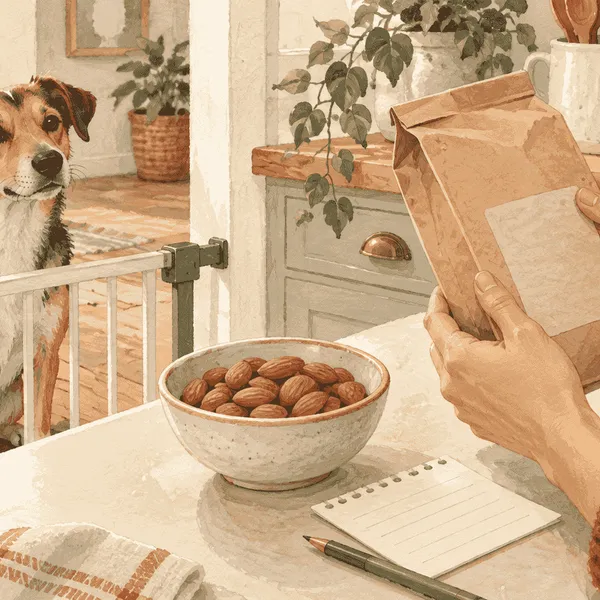 A dog waits beside a small bowl of plain almonds and a labeled mixed snack on a kitchen table.