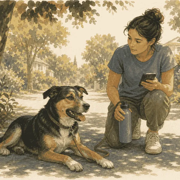 Dog resting in tree shade while an owner kneels nearby with water and a phone.
