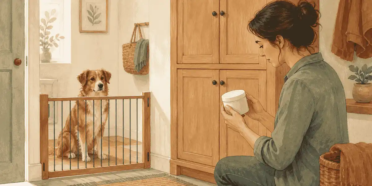 A dog waits behind a low gate while a caregiver checks an unbranded mothball container before storing it in a closed cabinet.
