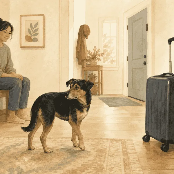 Dog looking back at a calm owner near a new object in a bright room.