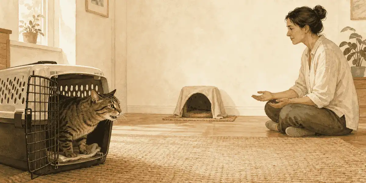 A newly adopted tabby watches from an open carrier while a seated caregiver turns slightly away and leaves a clear path to a covered retreat.