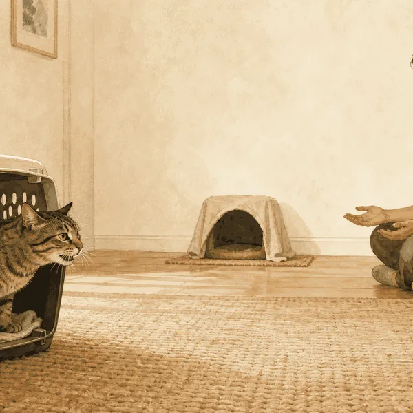 A newly adopted tabby watches from an open carrier while a seated caregiver turns slightly away and leaves a clear path to a covered retreat.