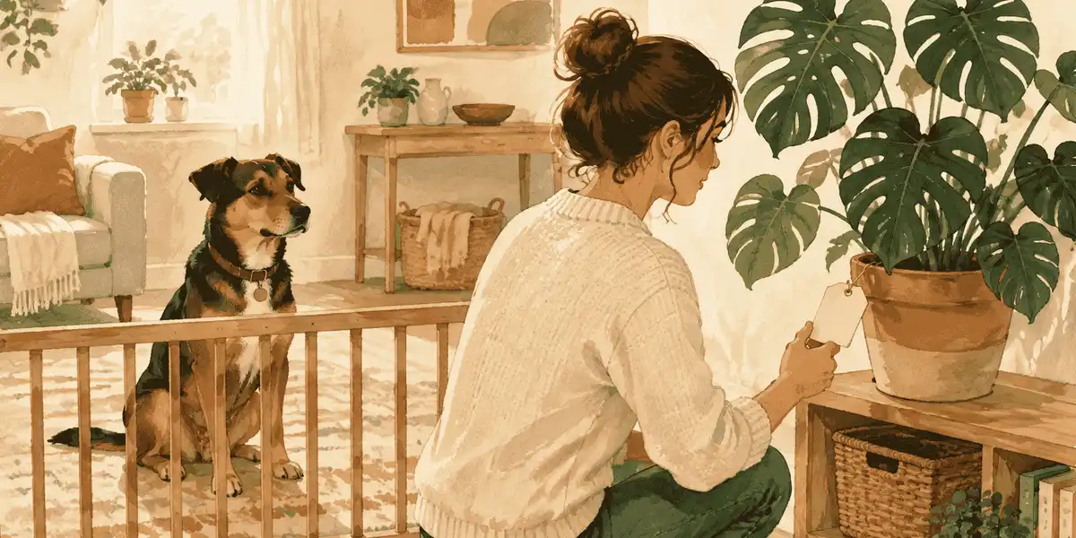 A dog waits behind a low gate while a caregiver checks the label on a potted Monstera in a warm living room.