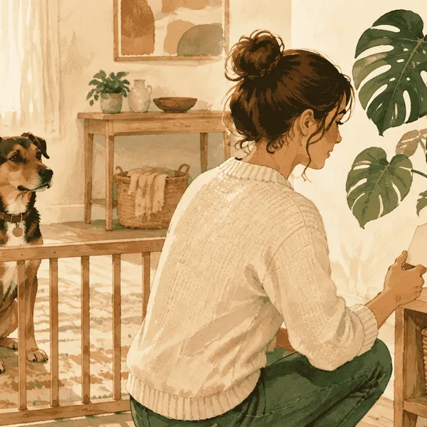 A dog waits behind a low gate while a caregiver checks the label on a potted Monstera in a warm living room.