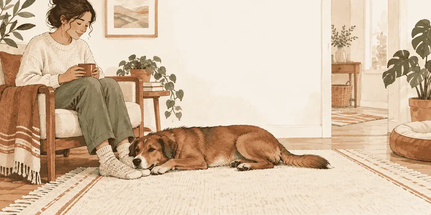 A relaxed brown dog rests its chin near a caregiver's feet on a cream rug while an open route remains clear.