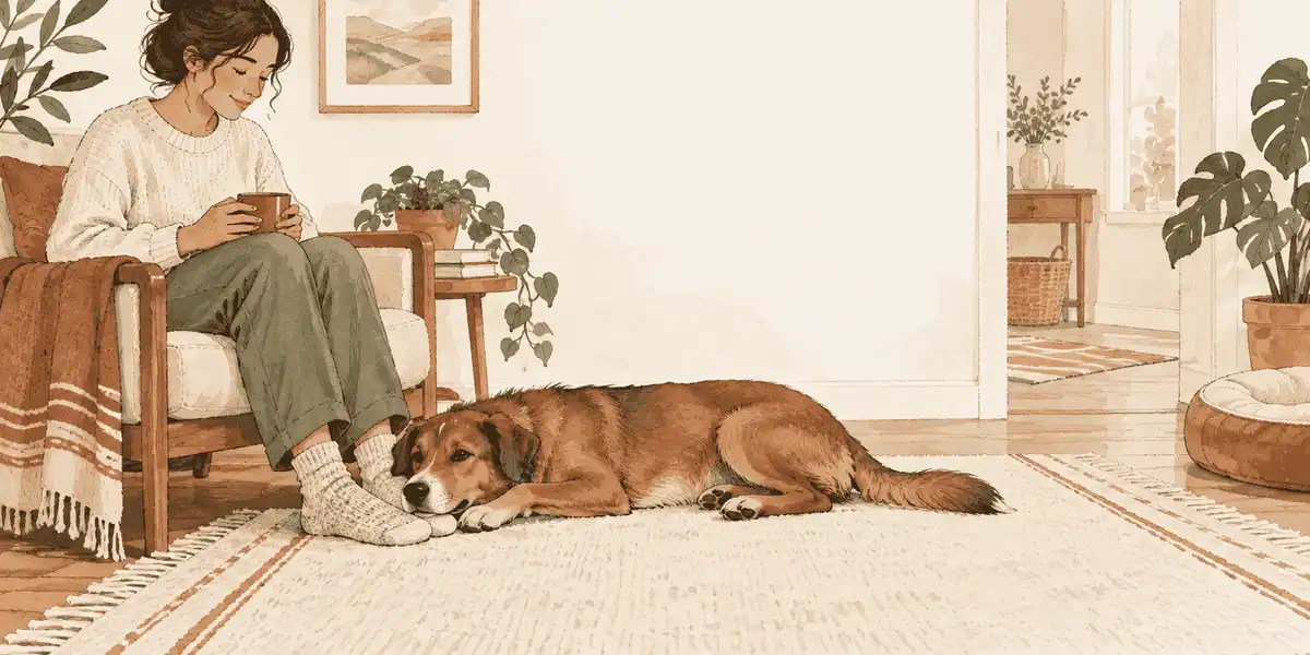 A relaxed brown dog rests its chin near a caregiver's feet on a cream rug while an open route remains clear.
