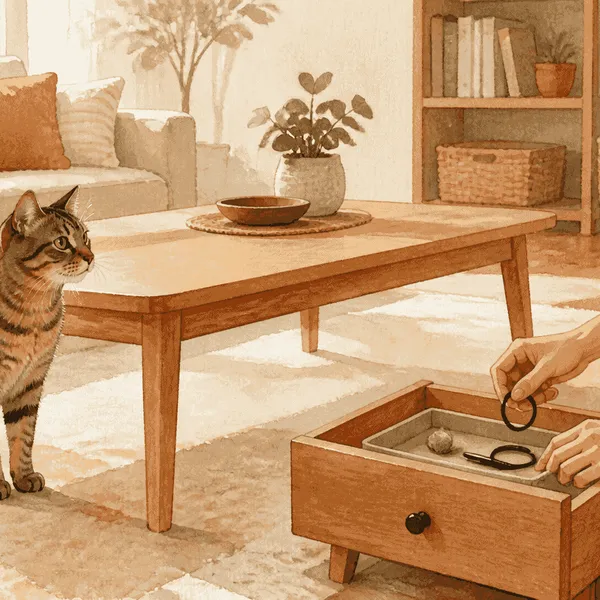 A tabby cat watches a caregiver clear small household objects from a low table in a warm living room.