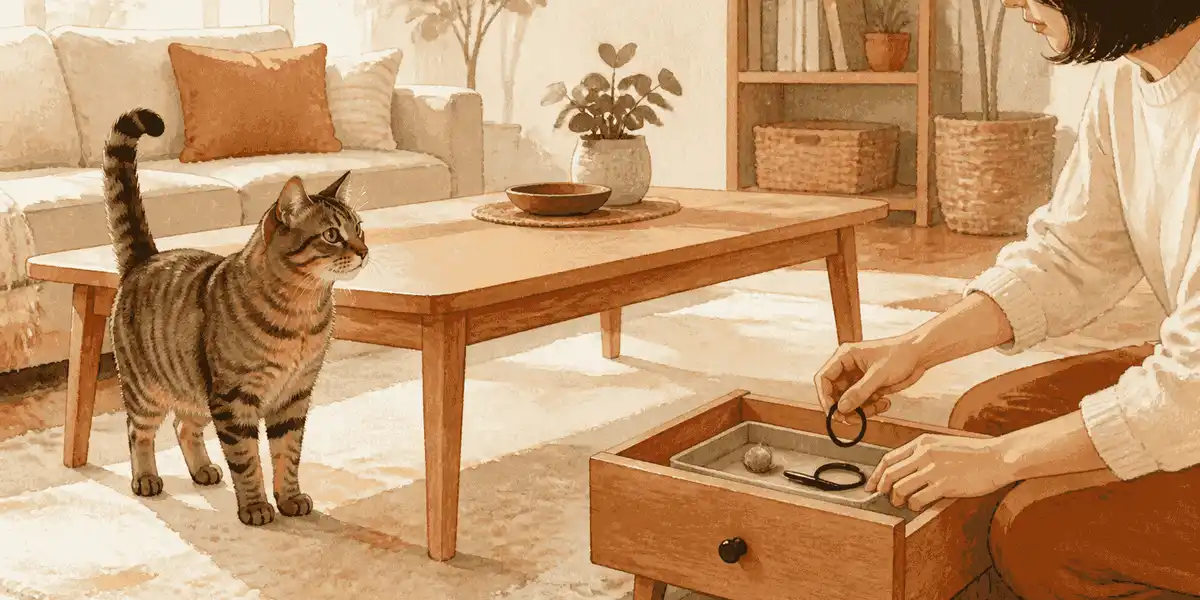 A tabby cat watches a caregiver clear small household objects from a low table in a warm living room.
