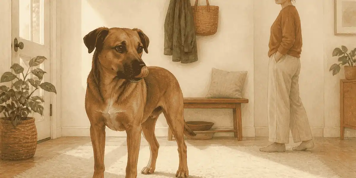 A calm brown dog pauses with its tongue just visible while a caregiver gives it space in a warm home.