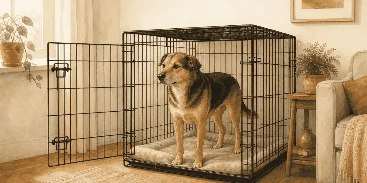A relaxed mixed-breed dog stands inside a roomy open wire crate in a warm, quiet living room.