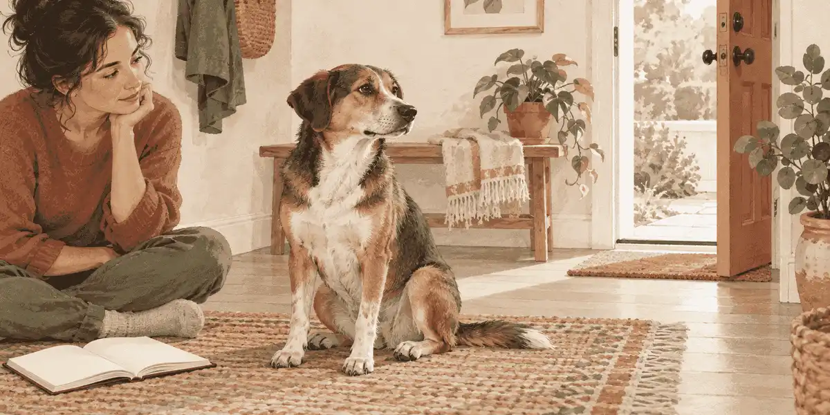 A relaxed female dog sits beside a caregiver's notebook while the caregiver observes her from a comfortable distance.