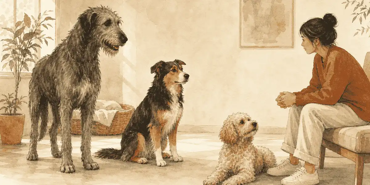 Three dogs of different sizes and coat types calmly meet a seated prospective caregiver in a quiet room.