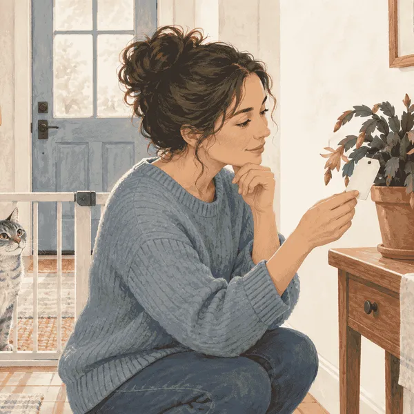 A caregiver checks a Christmas cactus label while a cat watches from behind a low indoor gate.