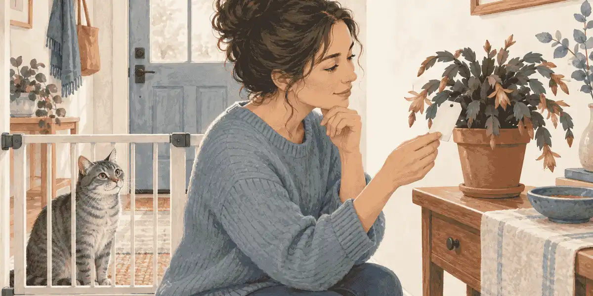 A caregiver checks a Christmas cactus label while a cat watches from behind a low indoor gate.