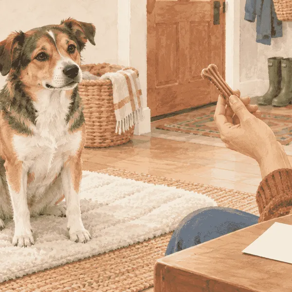 A relaxed dog watches a caregiver compare an unbranded dental chew with a simple veterinary appointment card.