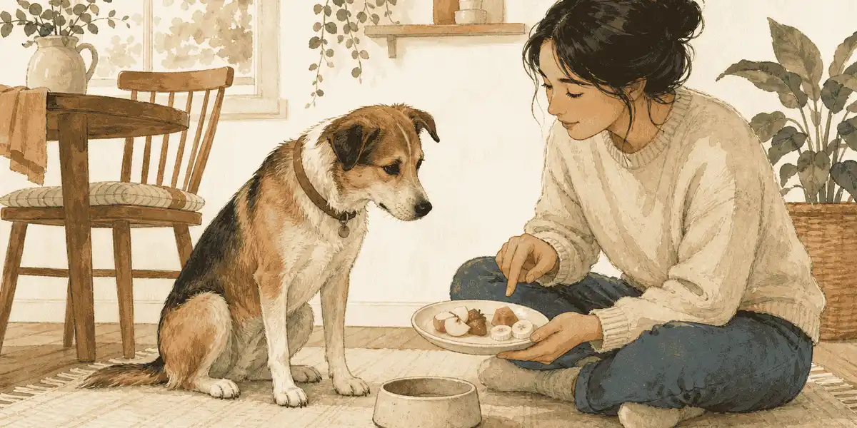 A dog watches a caregiver compare a small plate of plain fruit with the dog's regular food bowl.