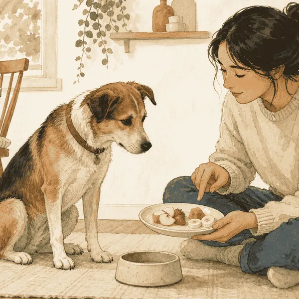 A dog watches a caregiver compare a small plate of plain fruit with the dog's regular food bowl.