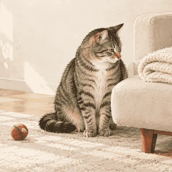 A tabby cat pauses beside a folded cream blanket while a caregiver observes from a respectful distance.