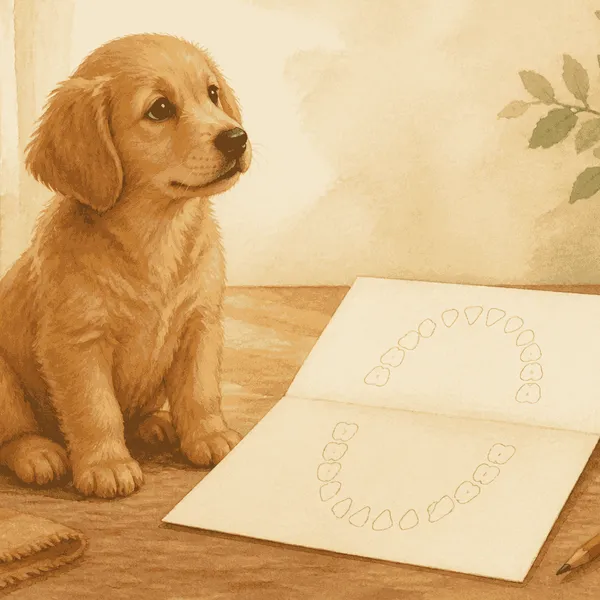 A relaxed puppy sits beside a blank paper chart with simple tooth shapes and a caregiver's pencil on a warm table.