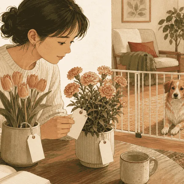 A cat and dog wait behind a low gate while their caregiver checks labels on three secured flowering plants.
